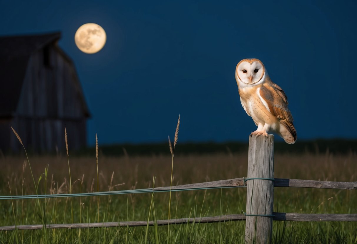 A moonlit field with a lone barn owl perched on a weathered fence post, surrounded by tall grass and the silhouette of an old barn
