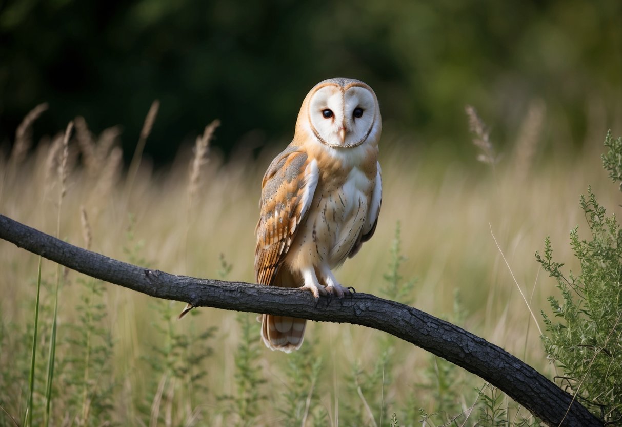 A barn owl perched on a tree branch, surrounded by tall grass and shrubs. The owl appears alert, with its head turned towards a distant noise