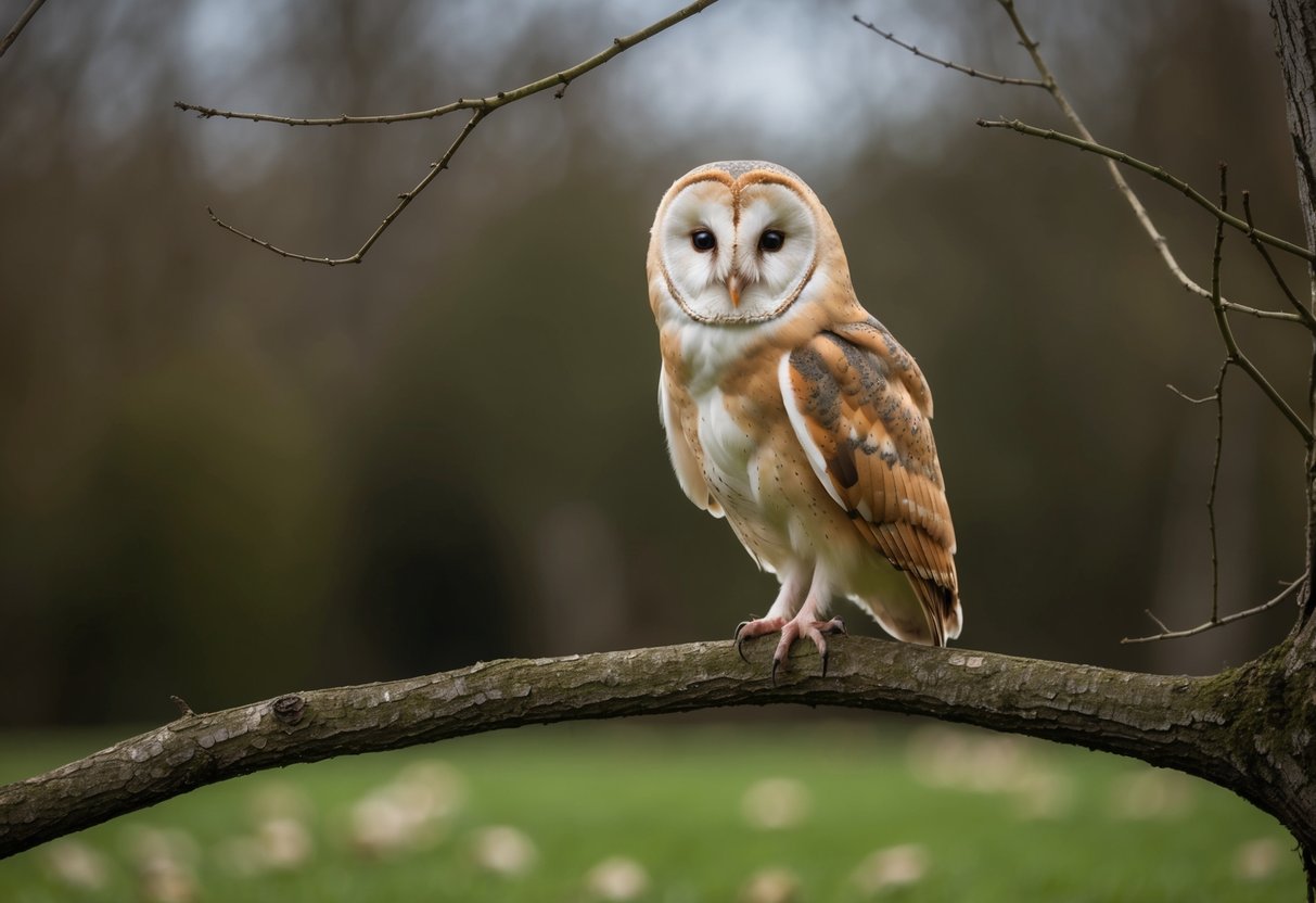A barn owl perched on a tree branch, scanning the ground for prey, with its head turned and alert