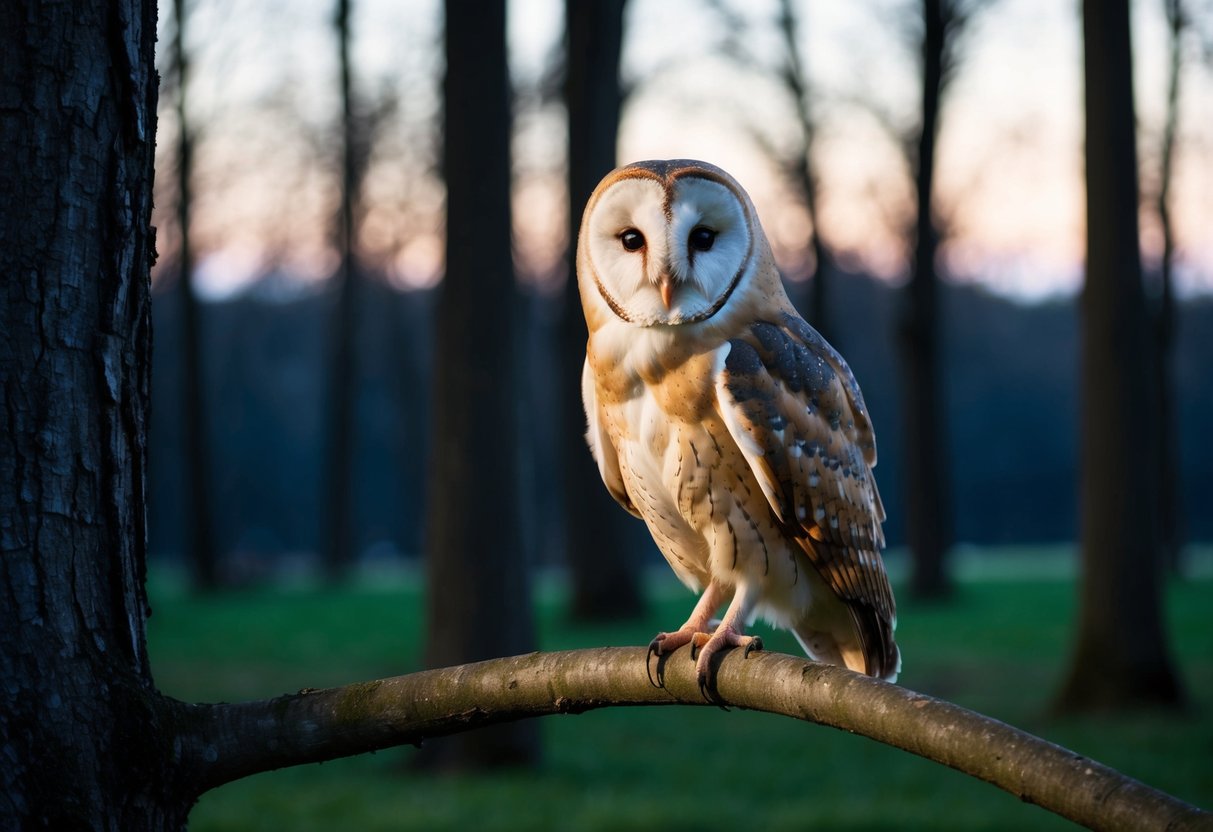 A barn owl perched on a tree branch, surrounded by a tranquil forest at dusk