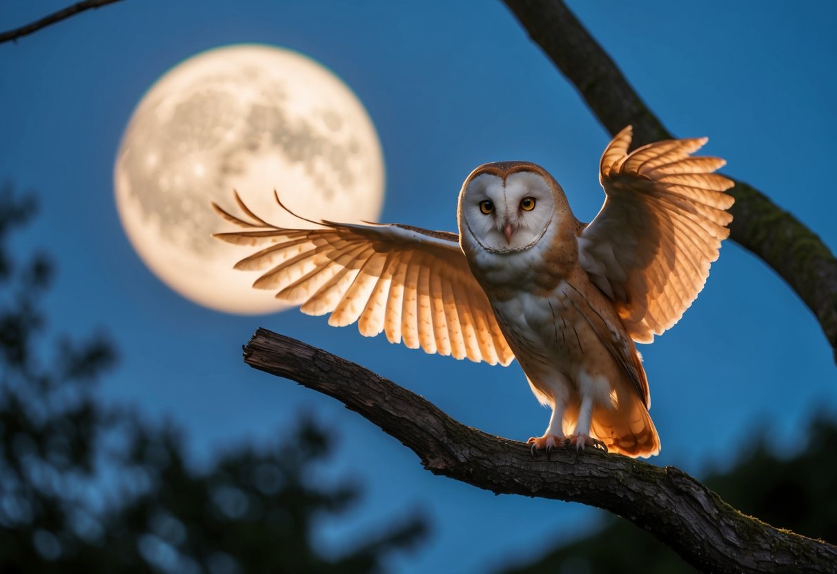 A barn owl perched on a gnarled tree branch, its piercing yellow eyes glowing in the darkness as it spreads its wings, creating a ghostly silhouette against the moonlit sky