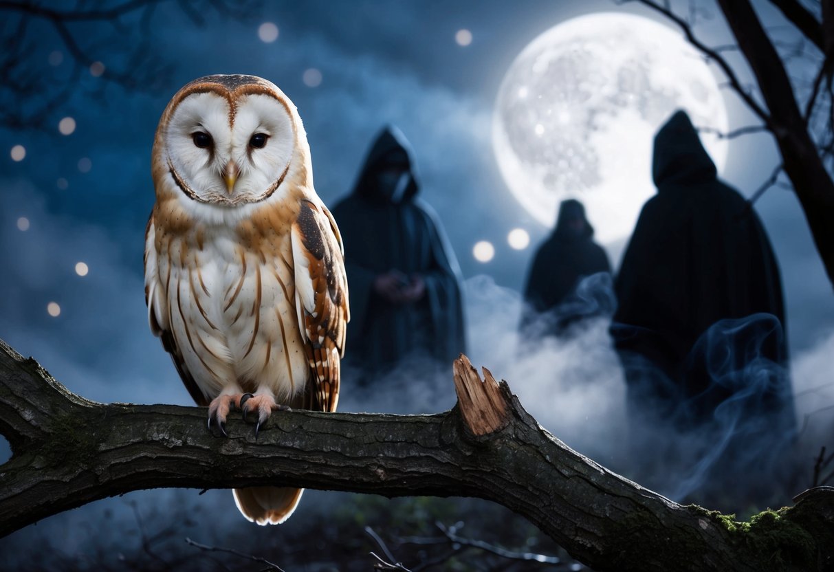 A barn owl perched on a gnarled tree branch, its piercing eyes glowing in the moonlight as it is surrounded by swirling mist and shadowy figures
