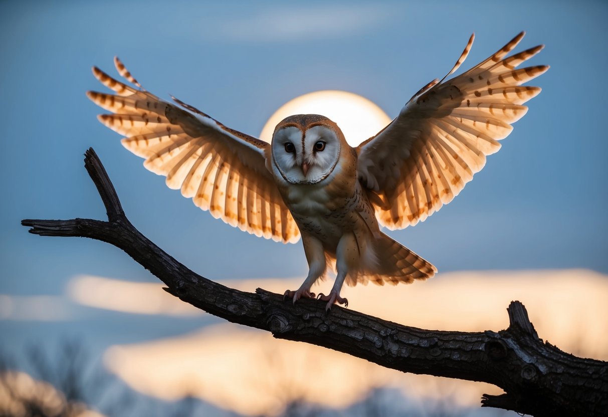 A barn owl perched on a gnarled tree branch, its piercing eyes glowing in the moonlight as it spreads its wings, casting a haunting shadow
