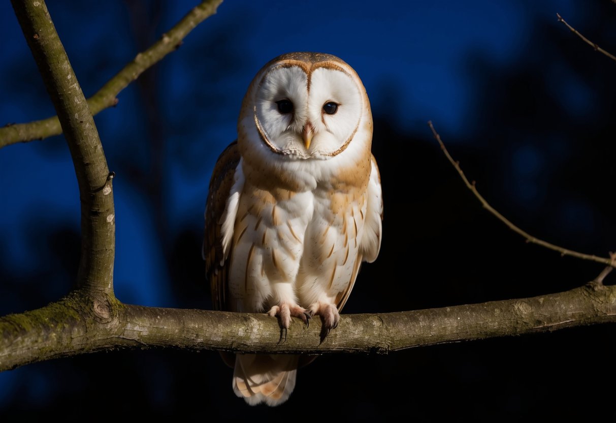 A barn owl perched on a tree branch at night, its white heart-shaped face and dark eyes giving it a ghostly appearance