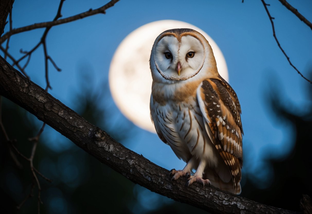 A barn owl perched on a tree branch, its piercing eyes and ghostly white feathers creating an eerie and mysterious presence in the moonlit night