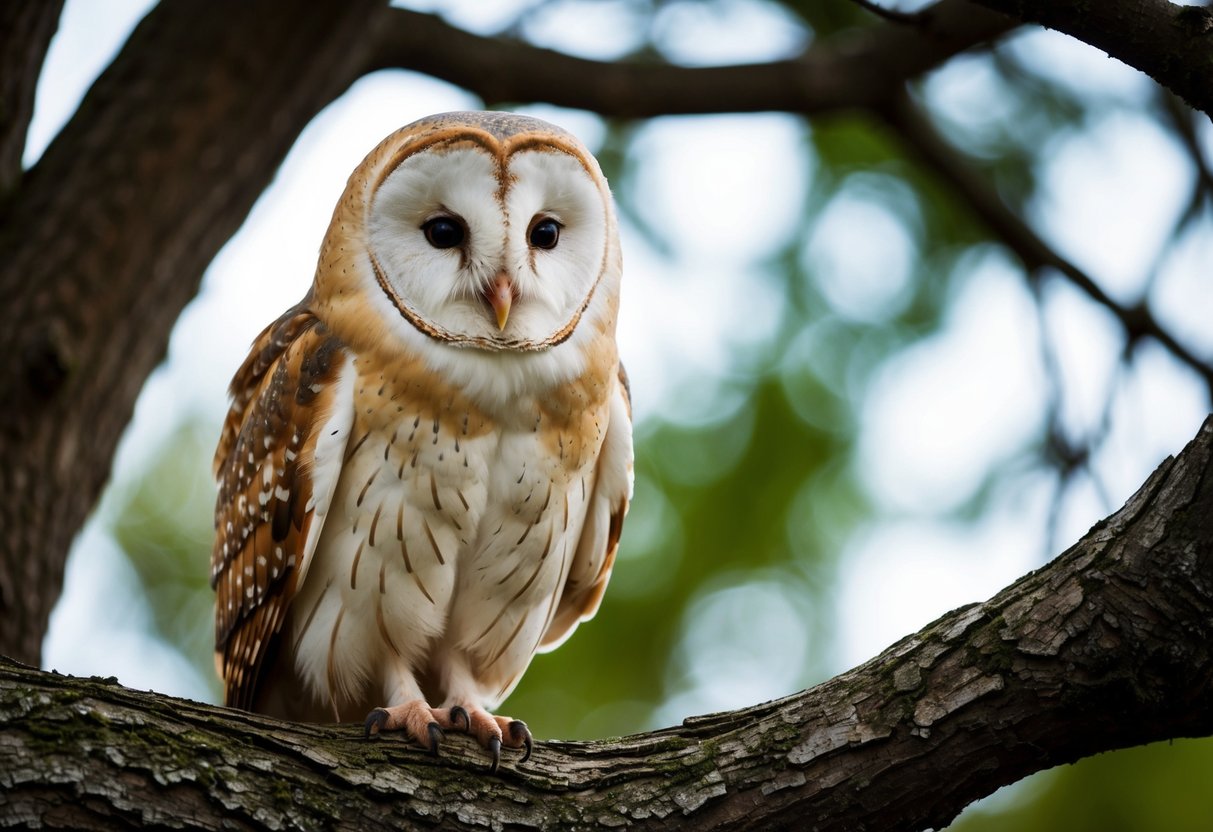 A barn owl perched on a gnarled tree branch, its white heart-shaped face staring out with large, piercing eyes