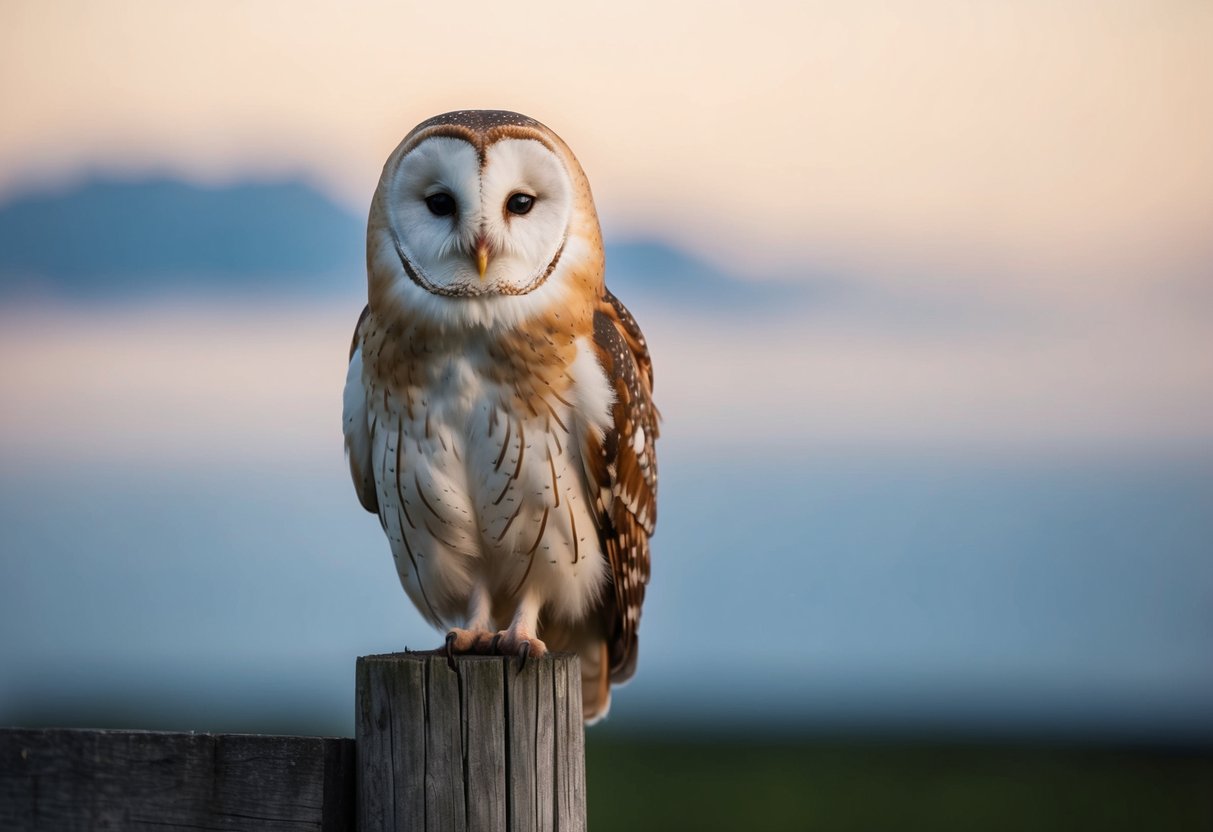 A barn owl perched on a weathered wooden fence post, its white heart-shaped face and dark eyes standing out against the dusky evening sky