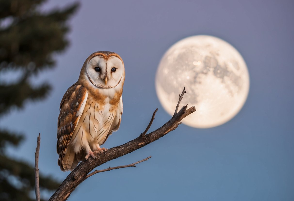 A barn owl perched on a dead tree branch under a full moon