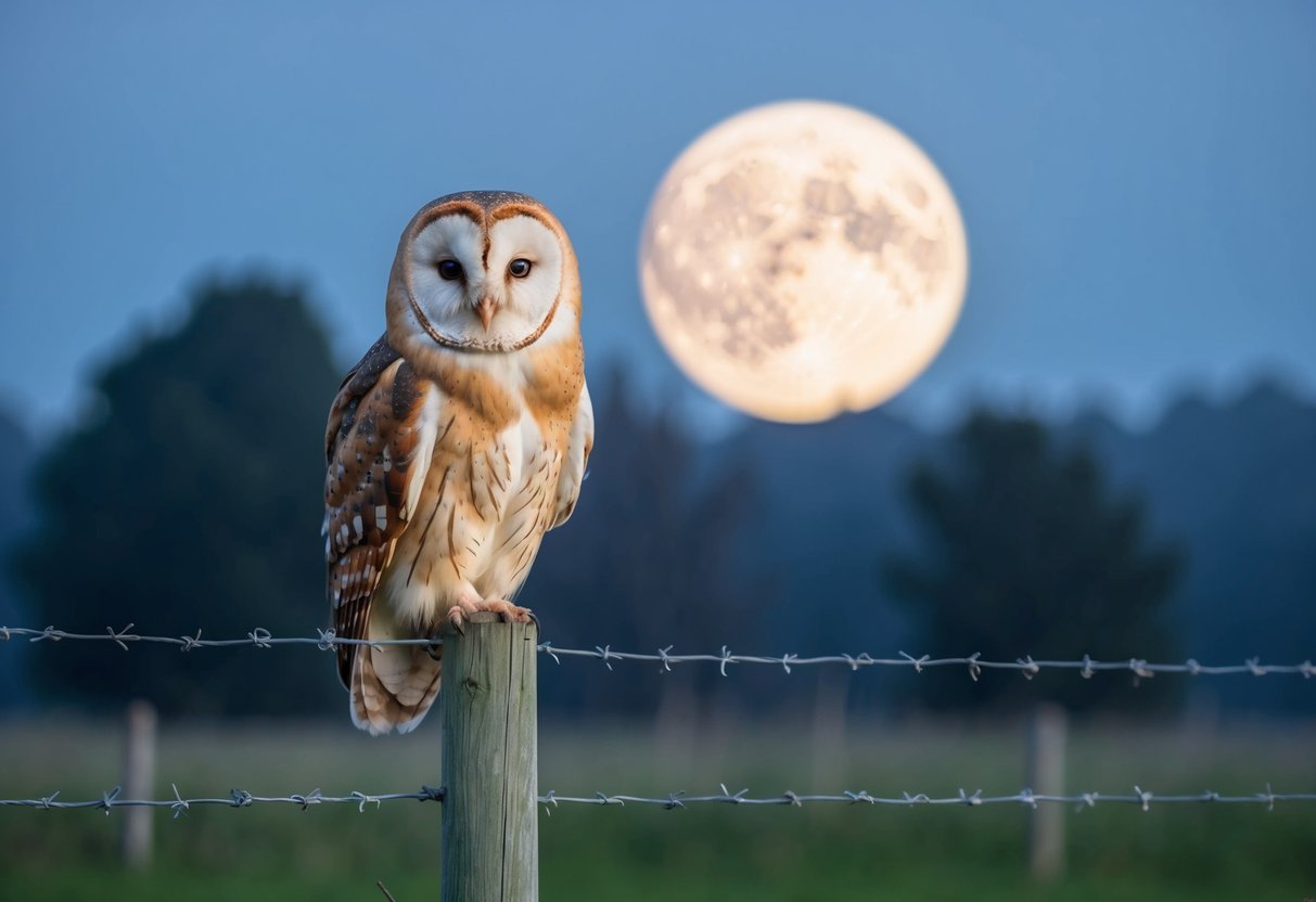 A barn owl perched on a fence post, with a full moon in the background, surrounded by misty trees