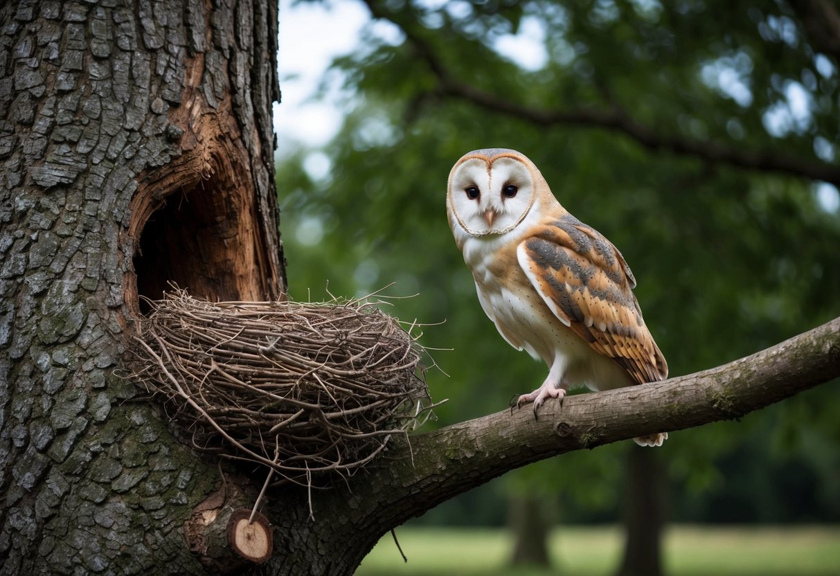 A barn owl perches on a sturdy tree branch, gazing down at its familiar nest nestled in the hollow of an old oak tree