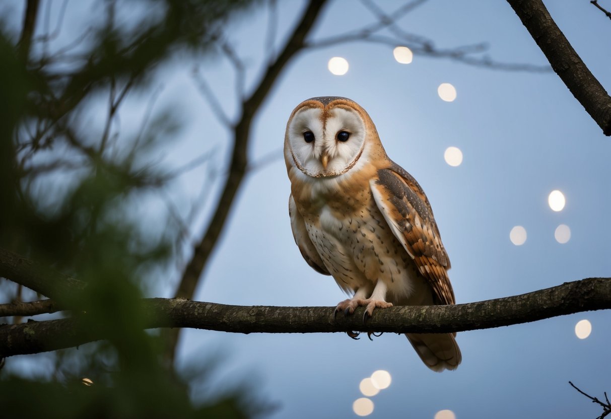 A barn owl perched on a tree branch, hunting at night with its keen eyes and silent flight