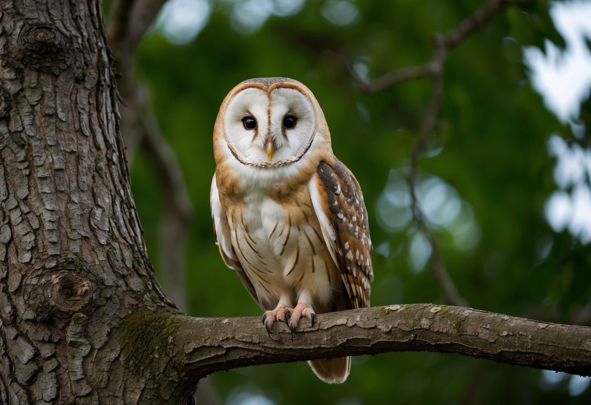 A barn owl perched on a tree branch, with its large, round eyes and sharp talons on display. Its feathers blend into the bark, camouflaging it from predators