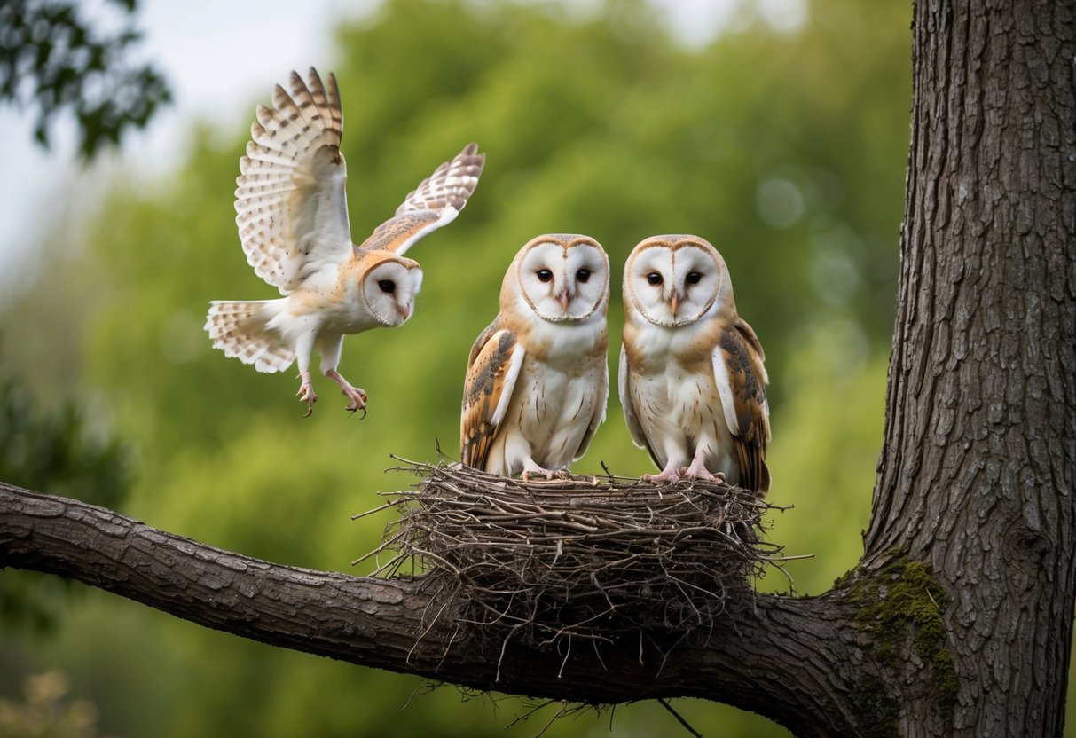 A pair of barn owls perched on a tree branch outside their nest, while a third owl flies in with a mouse in its talons