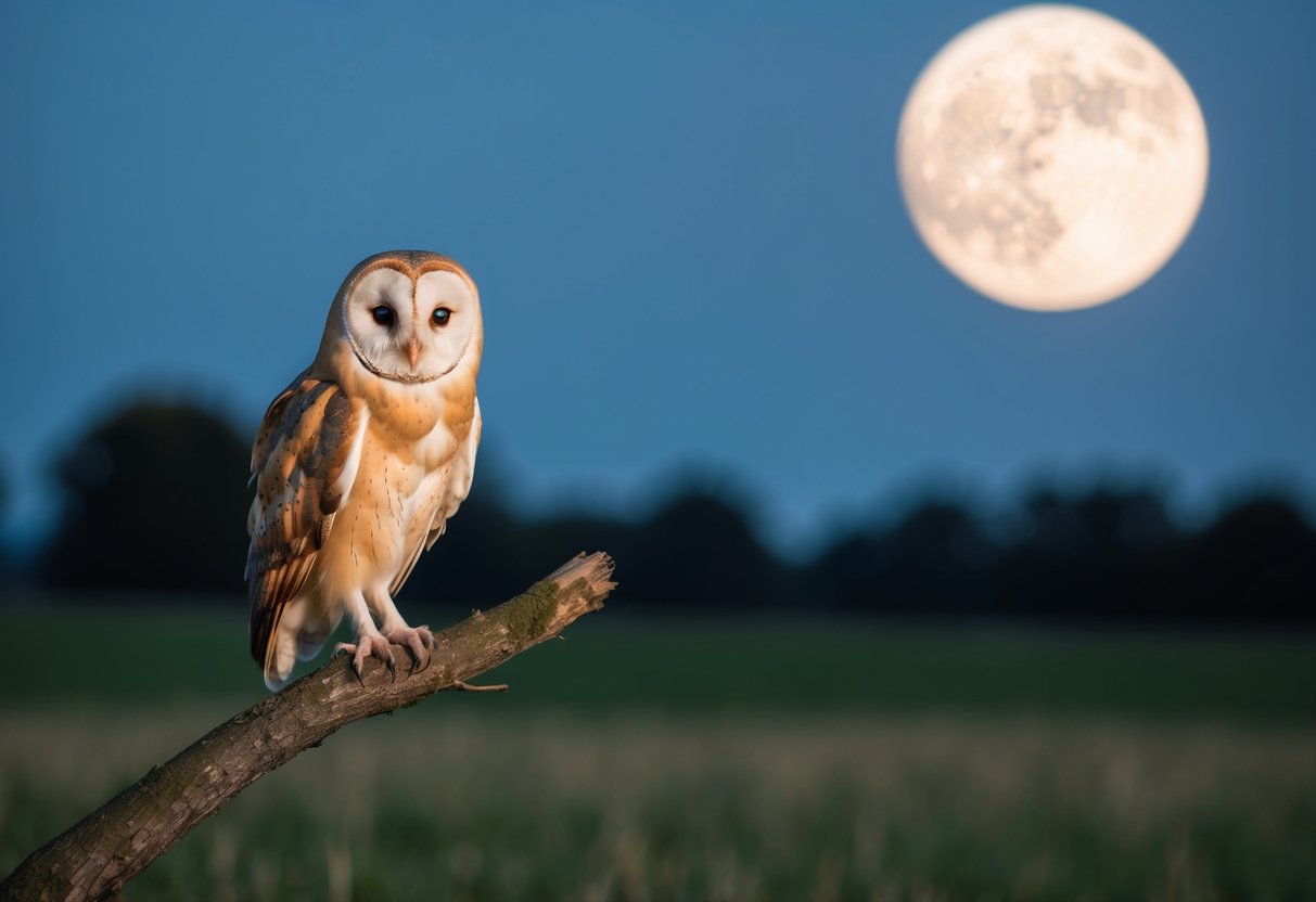 A barn owl perched on a tree branch, hunting for prey in a moonlit field