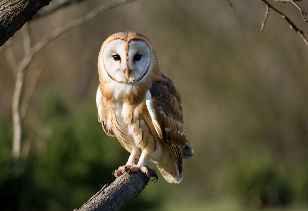 A barn owl perched on a tree branch, scanning the ground for prey with its keen eyes and sharp talons