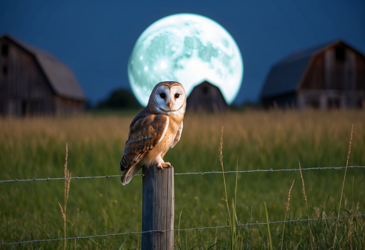 A barn owl perches on a wooden fence post in a moonlit field, surrounded by tall grass and old barns