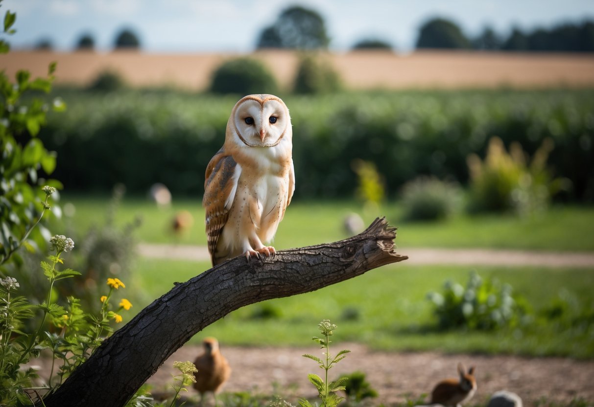 A barn owl perches on a tree branch in a rural area, surrounded by a variety of plants and small animals