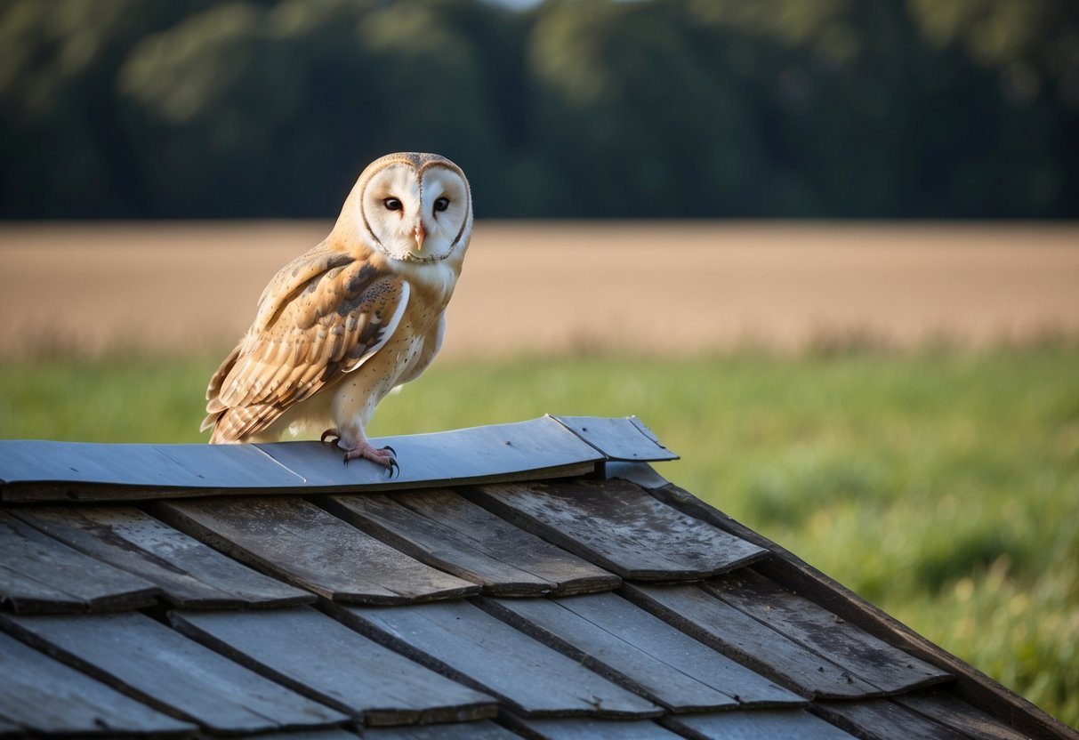 A barn owl perched on a weathered barn roof, scanning the surrounding fields for potential threats and survival challenges