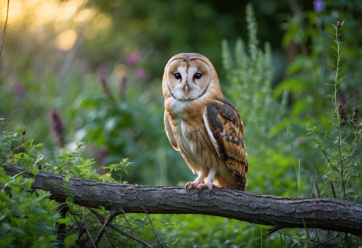 A barn owl perched on a tree branch, surrounded by a diverse ecosystem of plants and animals