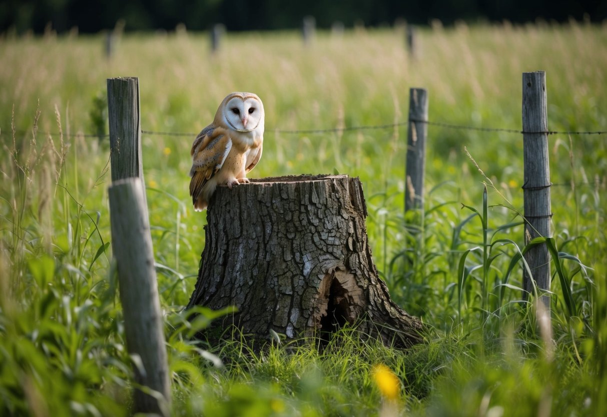 A barn owl perches in a hollow tree within a dense, overgrown field, surrounded by tall grasses and scattered with old, weathered fence posts