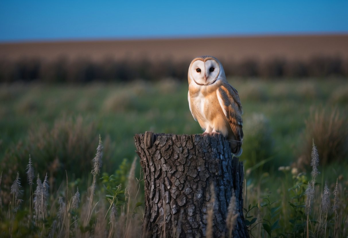 A barn owl perched in a hollow tree, surrounded by tall grasses and shrubs in a rural field at dusk