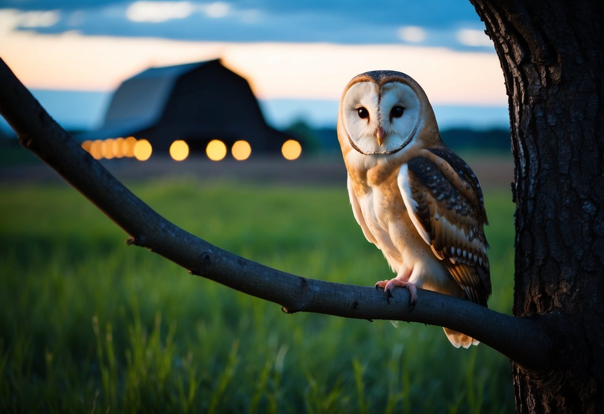 A barn owl perched on a tree branch near a grassy field at dusk, with a barn in the background