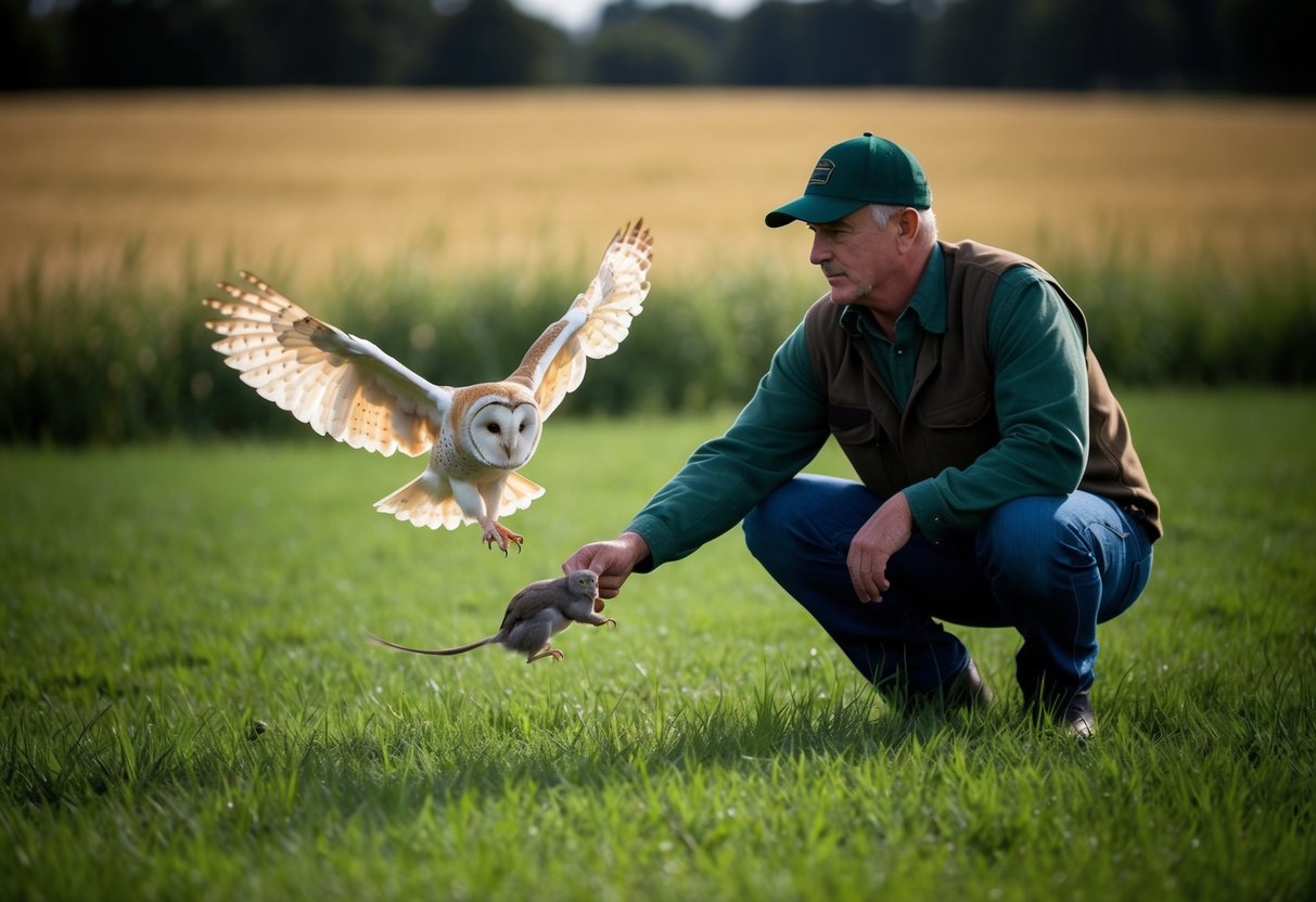A farmer watches as a barn owl swoops down to catch a mouse, helping to control pests in the fields