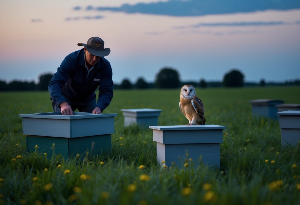 A farmer setting up nesting boxes and perches in a field at dusk, with a barn owl perched nearby