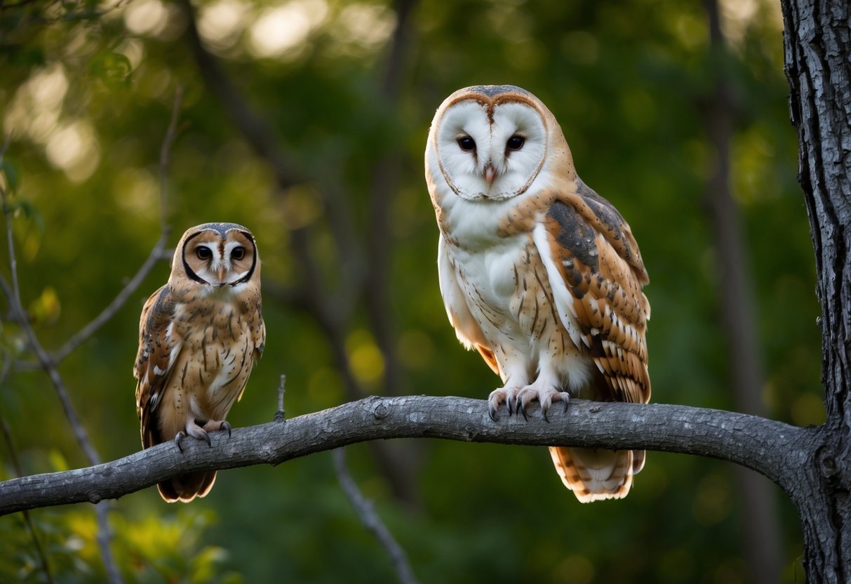 A barn owl perches on a tree branch, towering over a tawny owl on a lower branch, emphasizing the size difference between the two birds