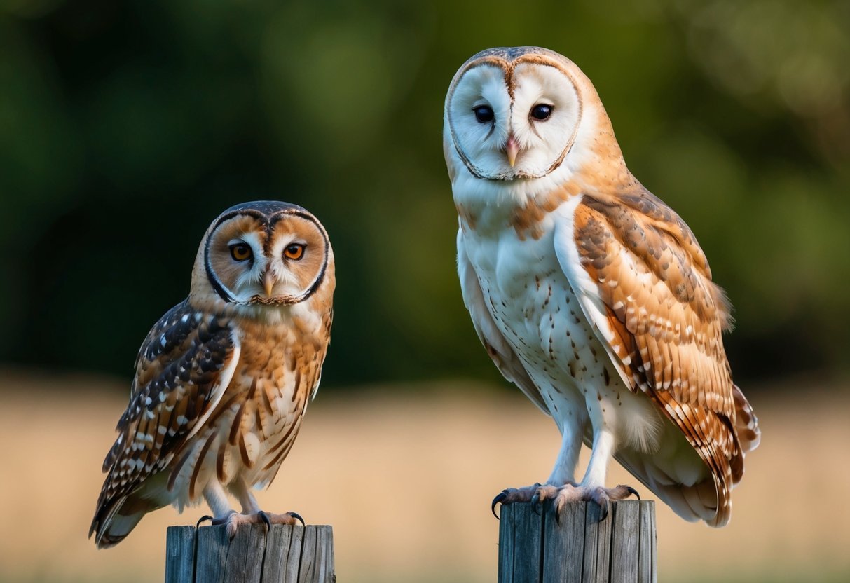 A barn owl looms over a tawny owl, showcasing its larger size