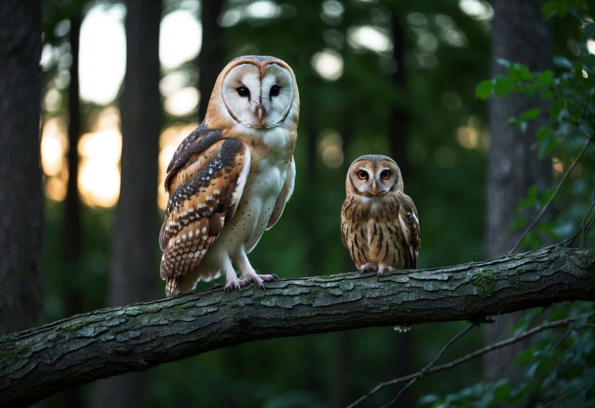 A barn owl perched on a tree branch, towering over a smaller tawny owl in a dense forest at dusk