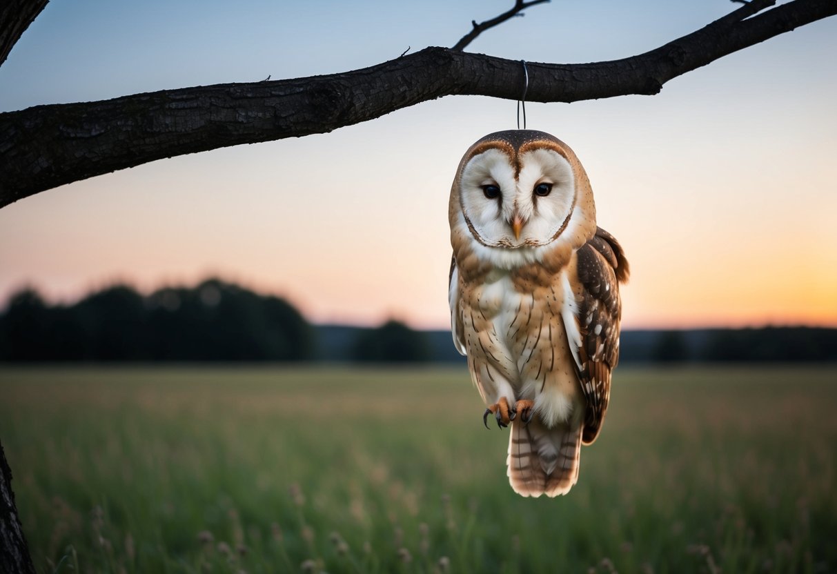 A barn owl house hangs from a sturdy tree branch in a peaceful, open field at dusk