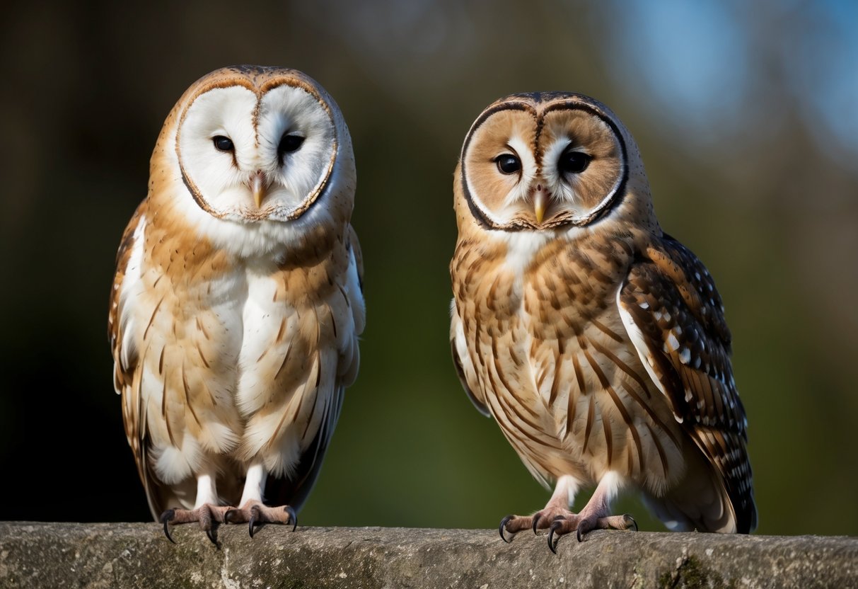 A barn owl and a tawny owl perched side by side, with the barn owl visibly larger. The barn owl has a heart-shaped face and light feathers, while the tawny owl has a round face and darker plumage