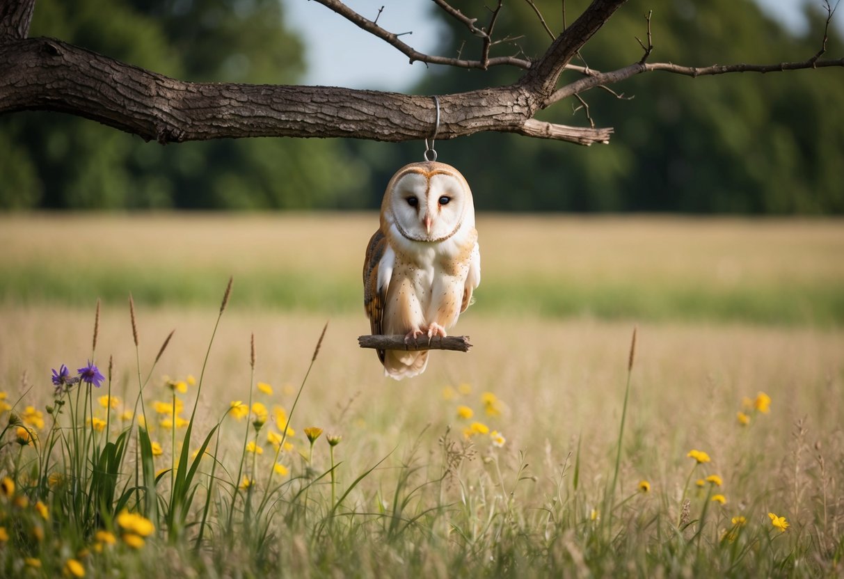 A barn owl house hanging from a sturdy tree branch in a spacious open field, surrounded by tall grasses and wildflowers