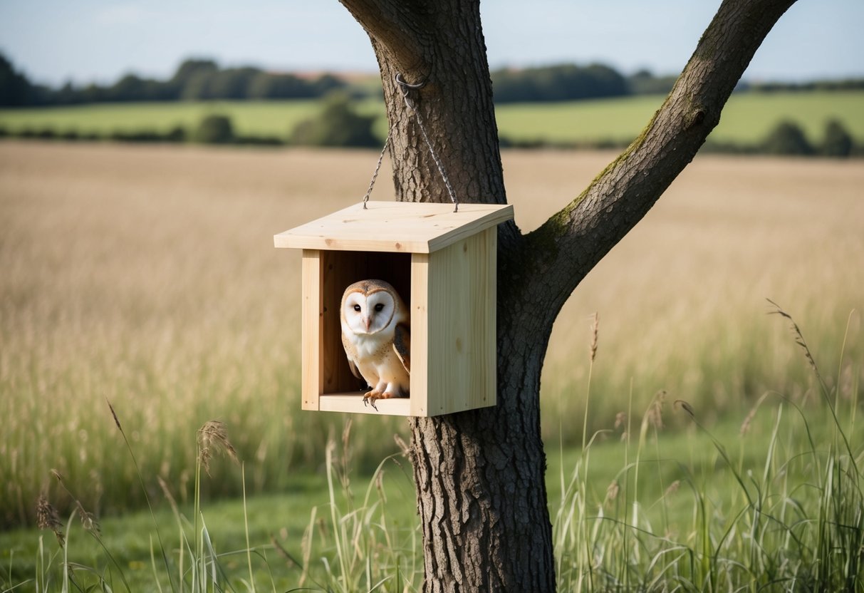A barn owl box is being hung from a sturdy tree branch in a secluded area, surrounded by open fields and tall grass
