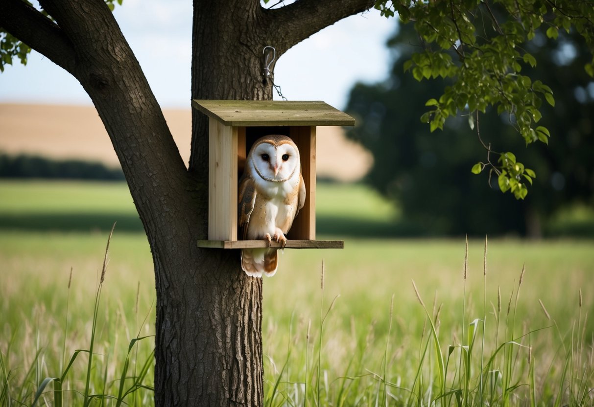 A barn owl house is securely hung high in a sturdy tree, surrounded by open fields and tall grasses