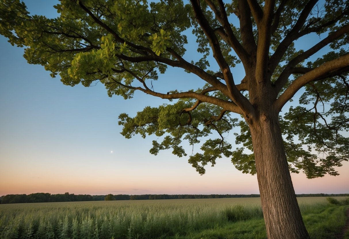 A tall tree branch with surrounding foliage, near an open field