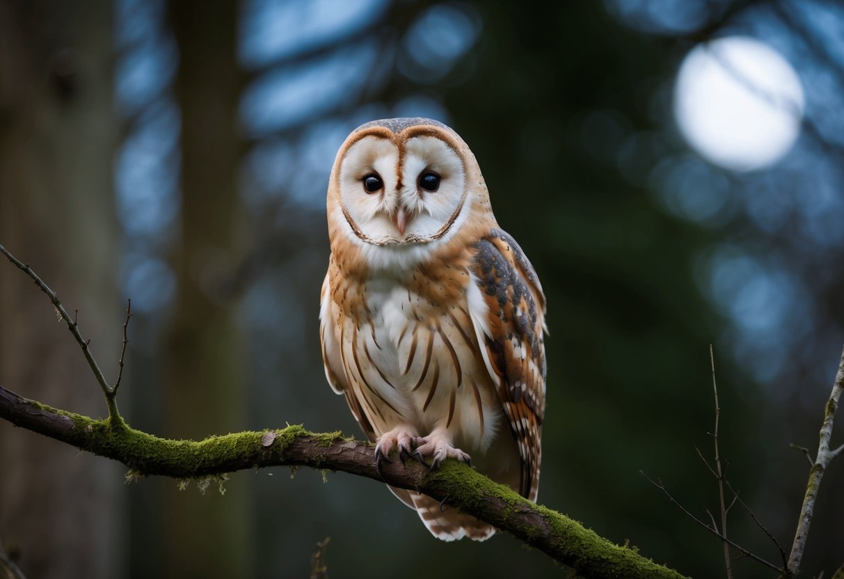 A barn owl perched on a moss-covered branch, its large round eyes staring intently into the distance, surrounded by the soft glow of moonlight filtering through the trees