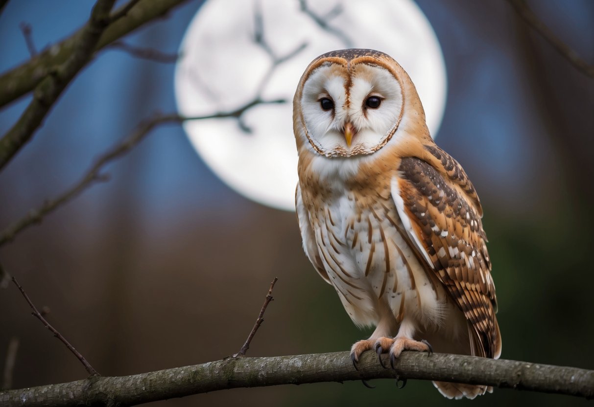 A barn owl perched on a branch, surrounded by moonlight, with a sense of mystery and wisdom in its gaze
