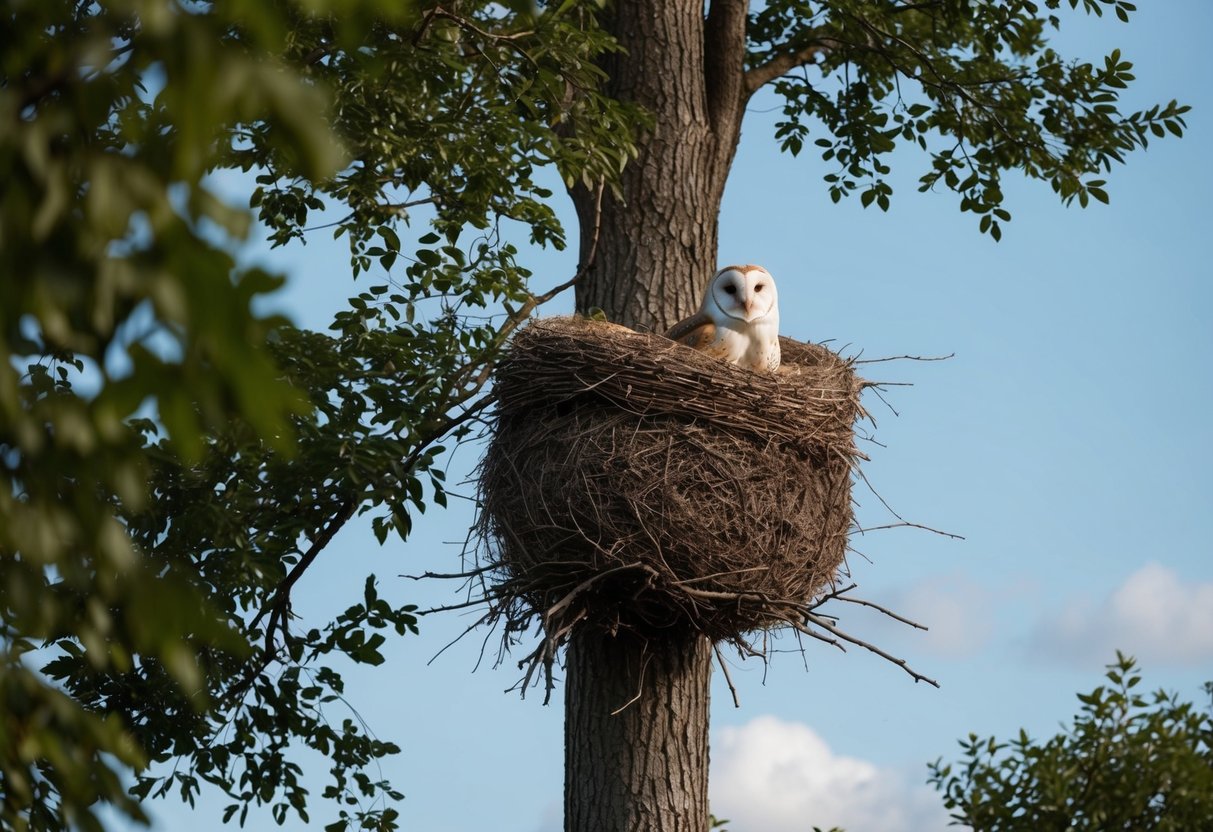 A barn owl nest perched in a tall tree, surrounded by dense foliage and a clear view of the open sky