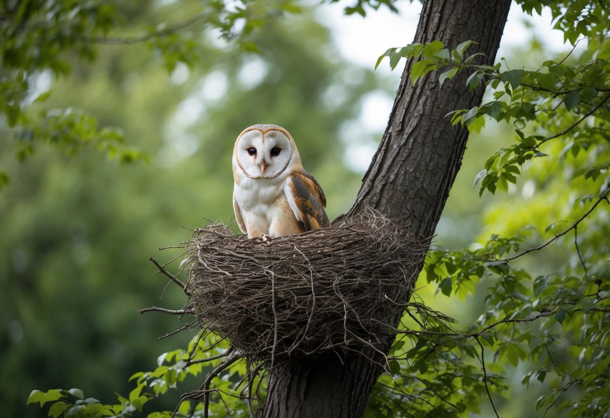 A barn owl nest perched in a tree, surrounded by dense foliage and a tranquil, natural setting