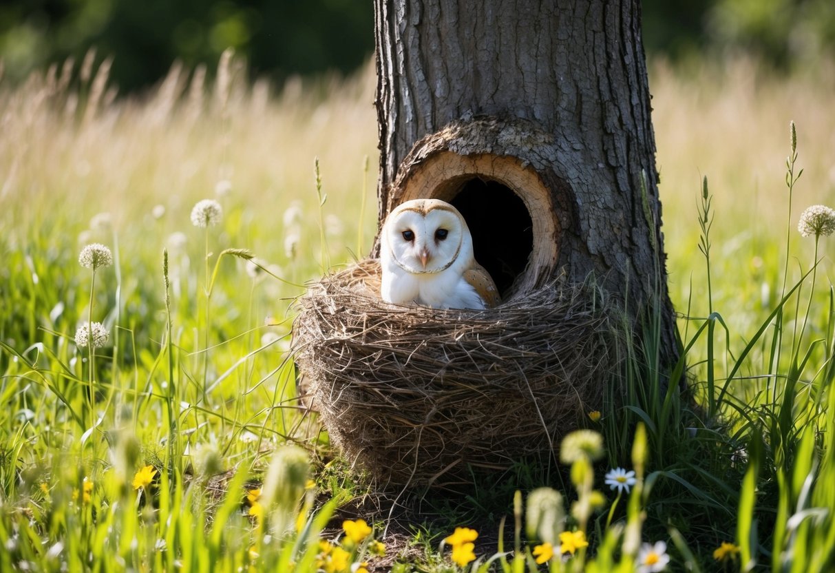 A barn owl nest in a tree, surrounded by tall grass and wildflowers. The nest is nestled in a hollowed-out space in the trunk, with the owl peeking out