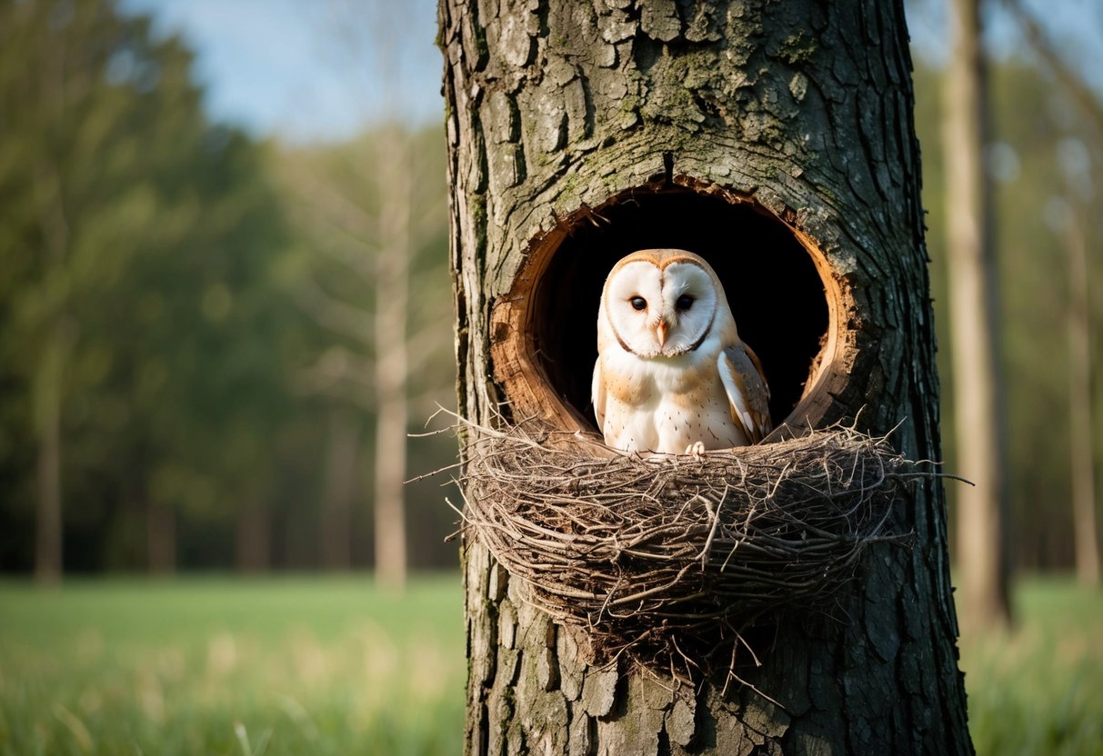 A barn owl nest nestled in the hollow of a large, old tree, surrounded by a peaceful forest clearing