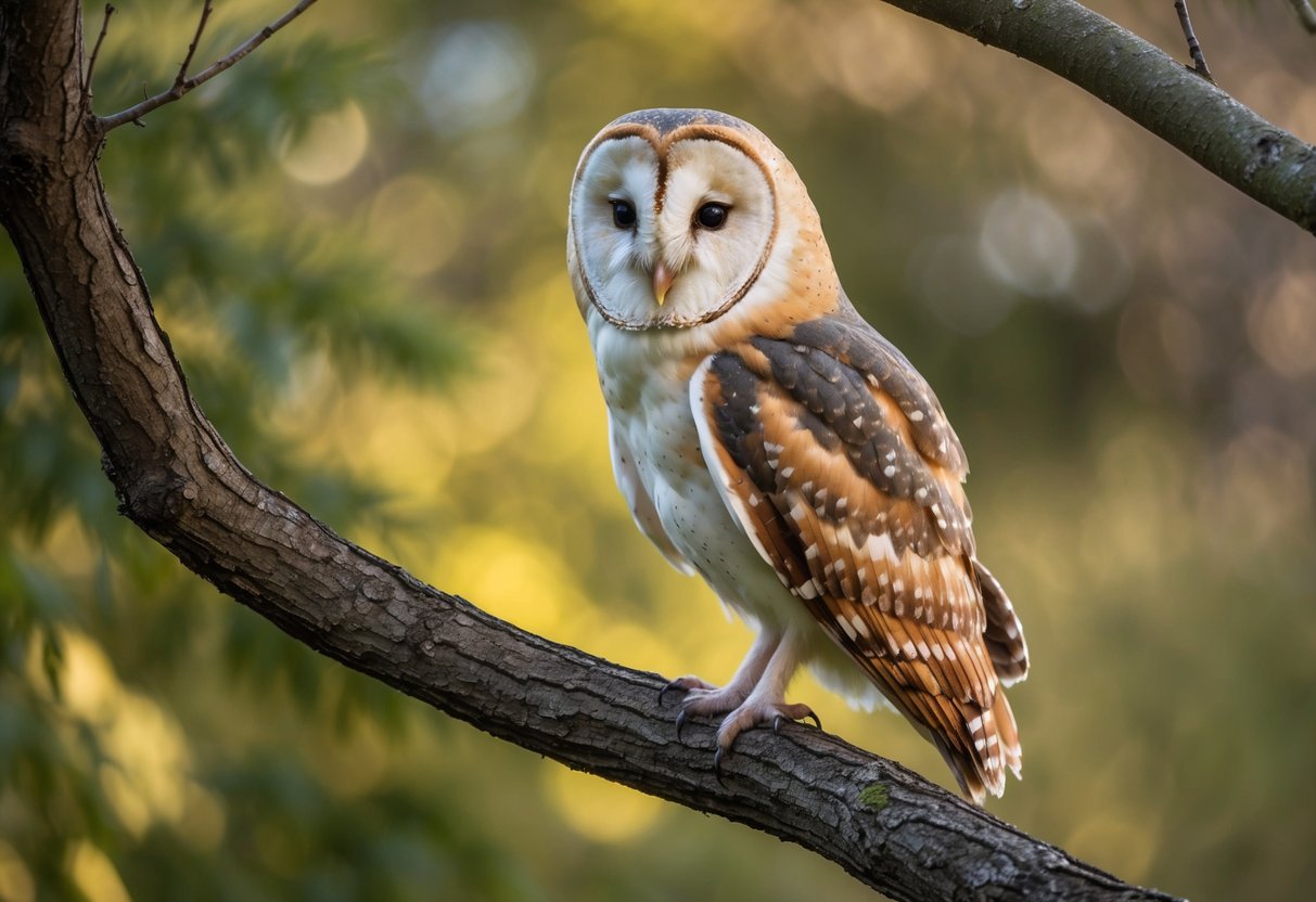 A barn owl perched on a tree branch, turning its head 180 degrees to look behind