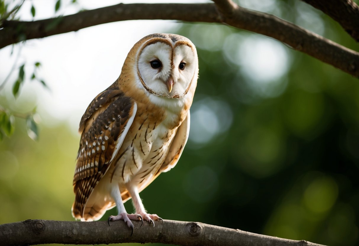 A barn owl perched on a tree branch, turning its head 180 degrees to look behind