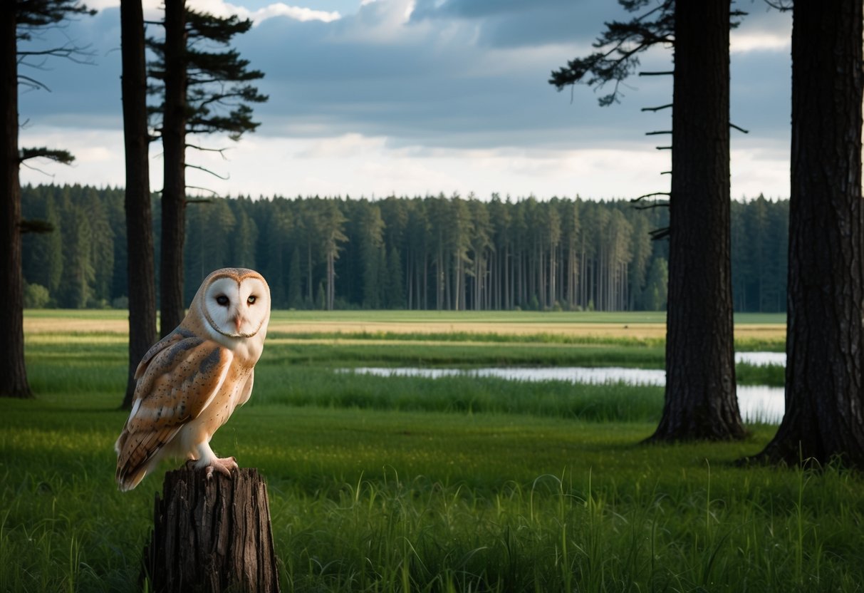 A dense forest with tall trees, open fields, and nearby water sources provides the best habitat for the barn owl