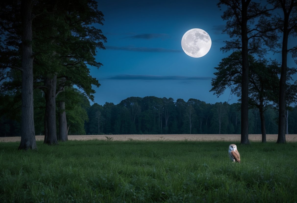 A moonlit forest with tall trees and open fields, where the barn owl can hunt for rodents and build its nest in old barns or hollow trees
