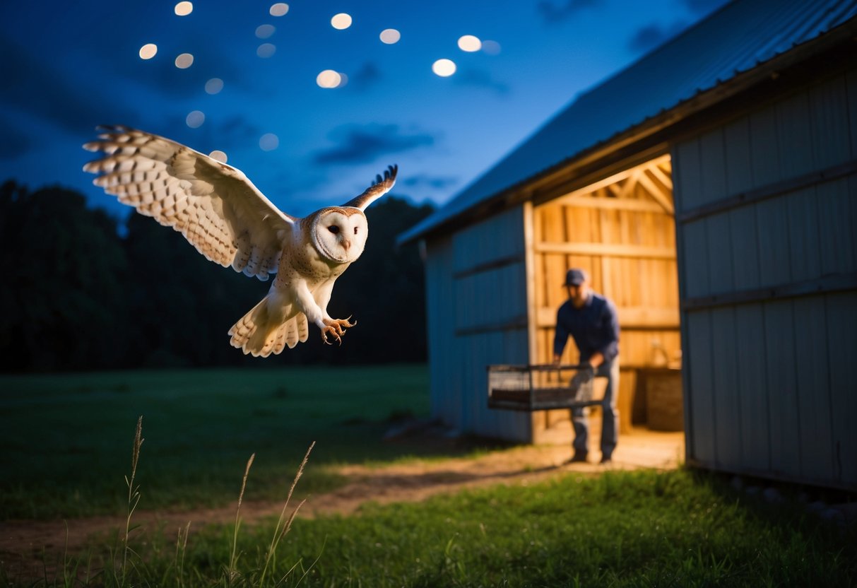 A barn owl flies out of a barn at night, while a person sets up a humane owl trap nearby