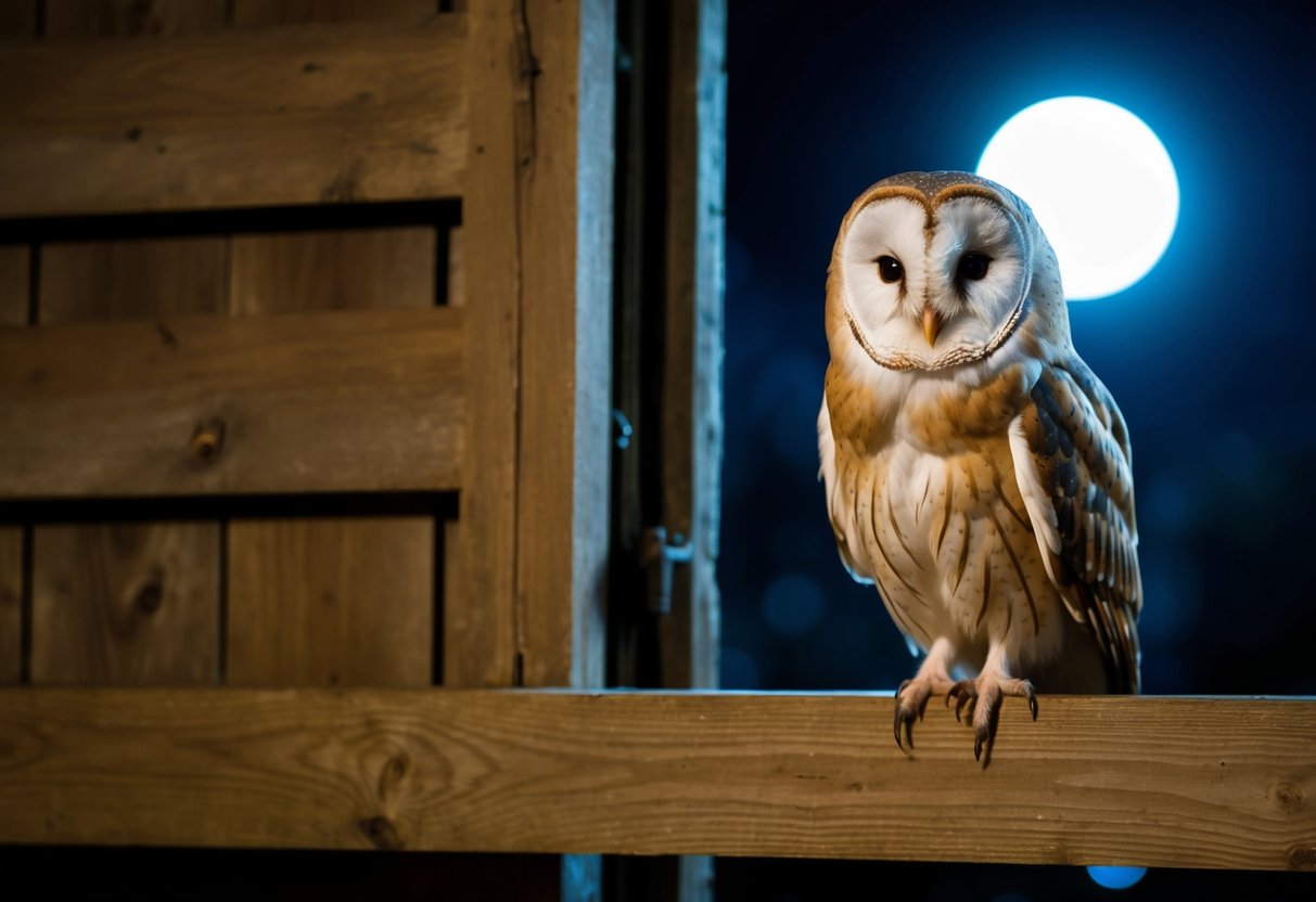 A barn owl perched on a wooden beam inside a barn, with its round face and heart-shaped facial disc illuminated by the moonlight filtering through the open window