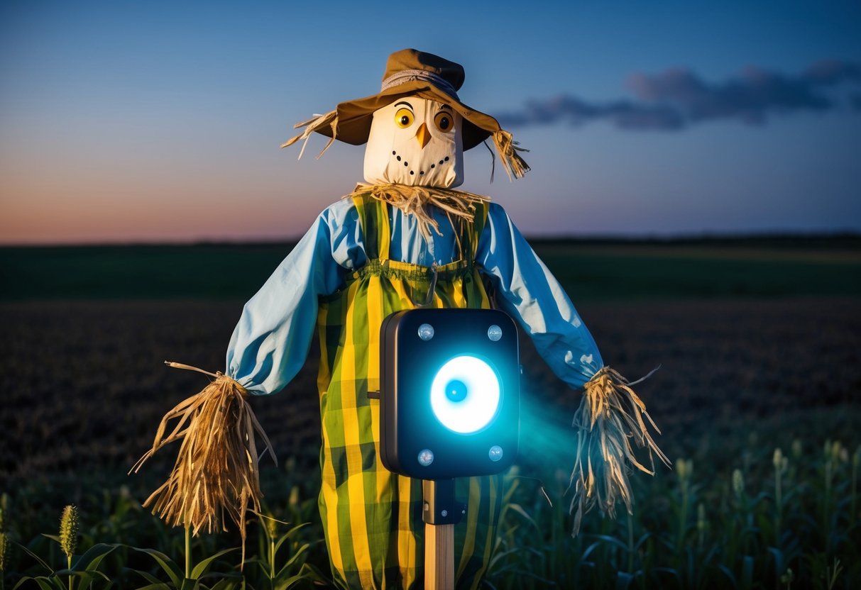A scarecrow with reflective materials and a motion-activated sound device placed in a field at night to deter barn owls